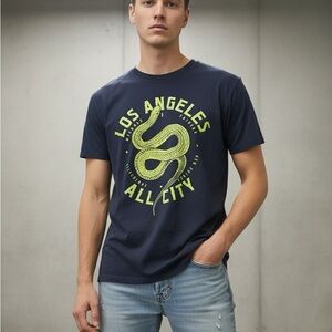 Primark Dark Blue Tee with Lime Snake Design